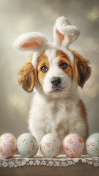 Easter festival puppy bunny ear egg spring portrait with soft light and gentle gaze while floral painted egg rest on lace table for seasonal celebration and holiday greeting background bokeh