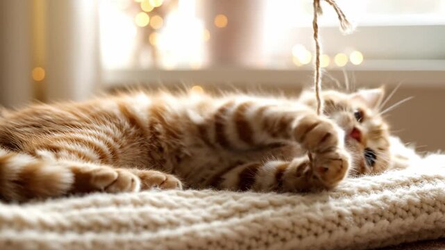 Playful kitten orange cat cute pet cozy home interior portrait under soft blanket warm light indoor feline relaxed mood natural light playful kitten catch string on soft knitted blanket cozy home