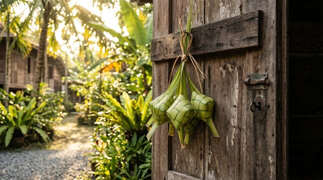 Traditional Ketupat Rice Cakes Hanging on Rustic Wooden Door in Tropical Village for Eid al-Fitr Celebration