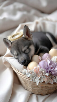 Puppy dog basket egg easter festival flower pastel scene with sleeping pet among decorated eggs and spring blossom on soft fabric creating cozy holiday still life in gentle light