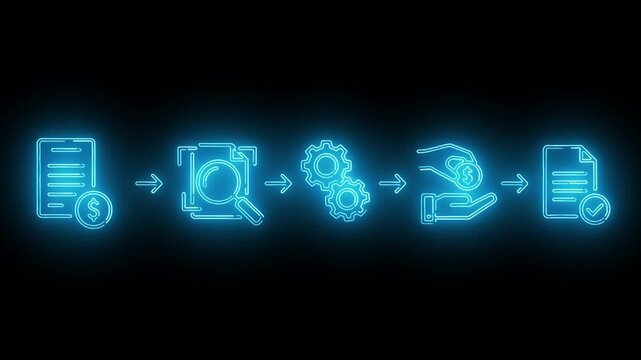 Glowing blue workflow icons depicting document processing on a black background with a technological feel.