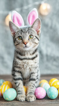 Kitten tabby rabbit ear headband easter egg festival portrait on wooden table with pastel egg decoration and soft bokeh light background creating playful spring holiday mood