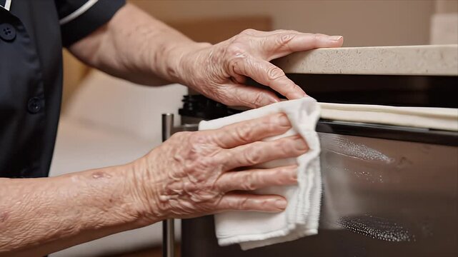 Close up elderly attendant hands cleaning minibar with white cloth in hotel room shallow depth of field
