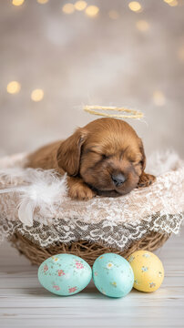 Puppy easter festival egg basket feather halo lace cozy spring still life with sleeping brown puppy on wicker basket soft bokeh light pastel painted egg for holiday greeting background