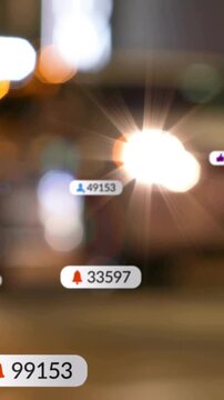 Vertical video: Cursor hovering badge starting tech UI counts near car flare while walker crossing