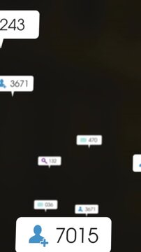 Vertical video: Dark screen getting feed tags popping user or search social numbers growing, fading