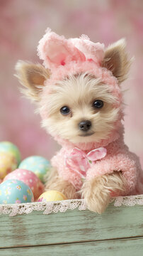 Easter festival puppy bunny costume pink egg pastel portrait on wooden box with lace trim soft background spring holiday decoration for greeting card design