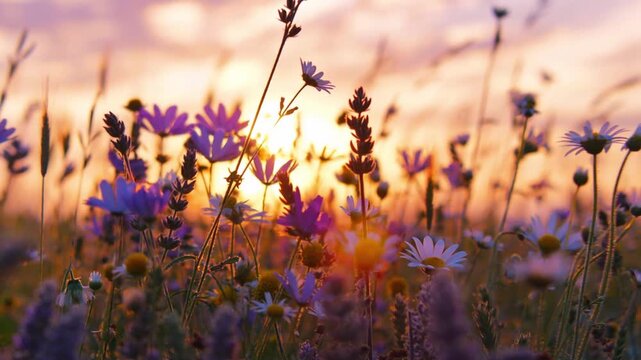 Wildflower meadow moving in the wind. Spring flowers Sunset wildflower meadow. Sunlit wildflowers in a golden field captured during sunset in late summer evening