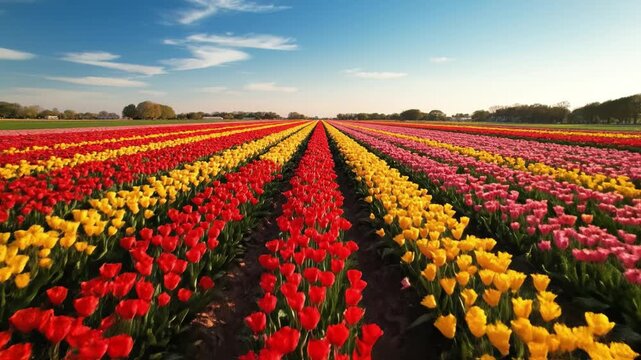 Vivid tulip field colorful flower row spring landscape red yellow pink bloom garden endless rows Dutch countryside farm horizon outdoor nature view calm scenic travel scenery blue sky with fluffy