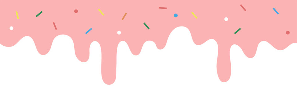 Strawberry sauce with sprinkles ice cream toppings Pink liquid with multicolor sugar sprinkles dripping on transparent background  Vector Illustration.