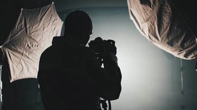 A photographer's silhouette capturing a shot in a studio with softbox lighting.