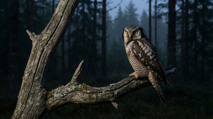 Obraz premium A curious owl with large intelligent eyes perched on a moss-covered branch in a misty dark forest at dusk