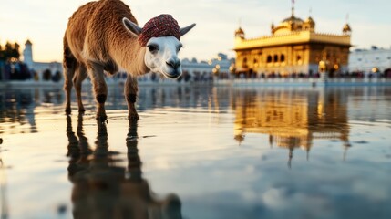 Fototapeta premium A playful llama adorned with colorful headwear stands by a reflective water surface, showcasing the beauty of nature and cultural heritage in a vibrant landscape.