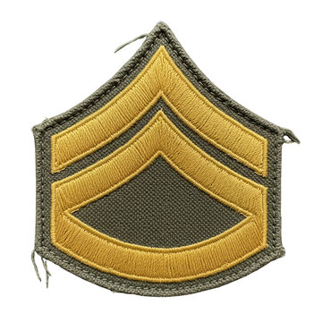 Sergeant military rank insignia emblem featuring three chevrons on a green background with yellow stitching