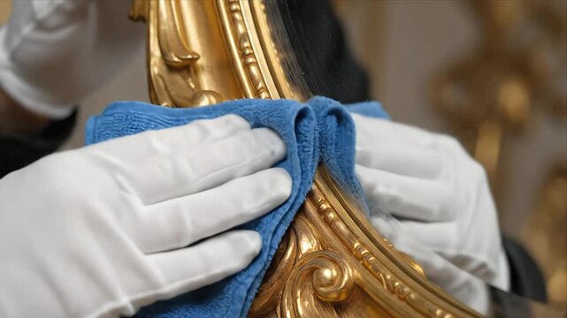 Close Up Hands In White Gloves Polishing Ornate Golden Room Divider With Blue Cloth Interior Design And Luxury Decor