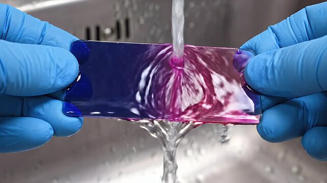 Close Up Hands in Blue Gloves Rinsing Stained Microscope Slide Under Running Water in Laboratory Sink