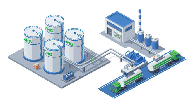 Biogas production plant with storage tanks and transportation.