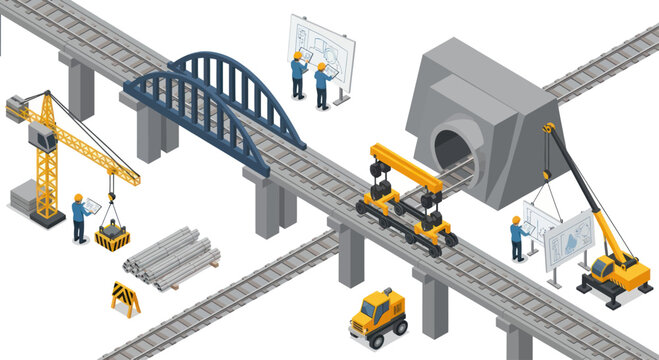 Construction of elevated railway bridge and tunnel with cranes and workers.