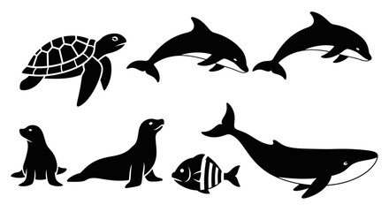 Obraz premium Marine Animals Silhouettes Collection - Sea Turtle, Dolphins, Whale, Seals, Fish Vector Set