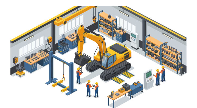 Excavator Repair Workshop with Mechanics Working on Heavy Machinery.