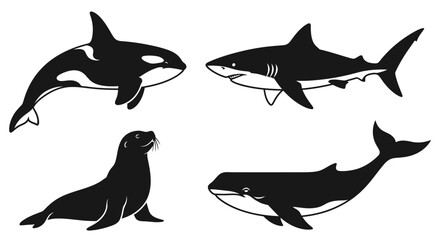 Fototapeta premium Marine Animals Silhouettes Set: Orca, Shark, Seal, and Whale Vector Illustration