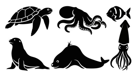 Obraz premium Marine Animals Silhouettes Set: Turtle, Octopus, Fish, Sea Lion, Seal, Squid