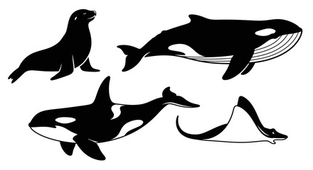 Obraz premium Marine Animals Silhouettes Set: Whale, Orca, Seal, and Manta Ray Illustration