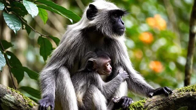 Mother Langur Monkey Comforts Baby While Perched on a Tree Branch Surrounded by Lush Green Foliage