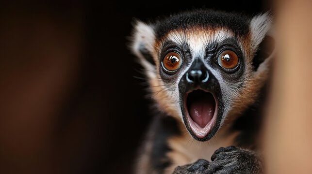 A close-up image of a surprised monkey with wide eyes and an open mouth, showcasing raw emotion and curiosity, perfect for conveying surprise and wonder in nature photography.