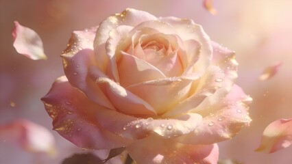 Close-up of a pale pink rose flower with water droplets against a background of fluttering petals: a beautiful rose with a gold powder texture on the edges of the petals