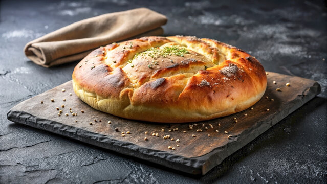 Rustic khobz bread placed on black slate board. Freshly baked rustic khobz displays golden brown crust, sprinkled herbs, inviting texture, ideal for traditional cuisine.