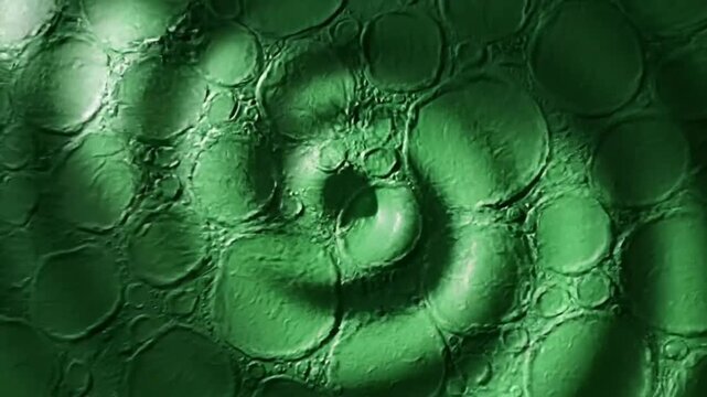 Abstract green surface with textured circles and a spiral-shaped shadow forming a dynamic background