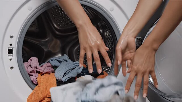 Close Up Hands Transferring Wet Colorful Laundry From Washing Machine Into Dryer For Household Chores