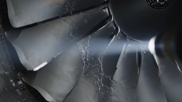 A fiber-optic view moving across the heat-shielded curves of a jet engine turbine blade, showing microscopic cracks.