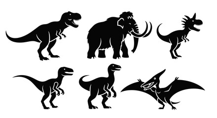 Naklejka premium Prehistoric Animal Silhouettes Set - Dinosaurs and Mammoth Vector Icons