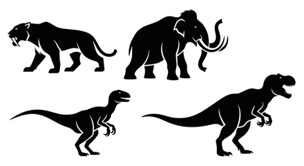 Naklejka premium Prehistoric Animals Silhouettes: Dinosaur, Mammoth, Saber-Toothed Tiger Vector Set