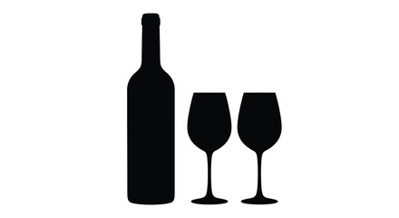 Wine bottle and glasses depicted in a striking black silhouette