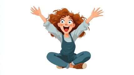 Cheerful cartoon girl sitting with arms raised in excitement