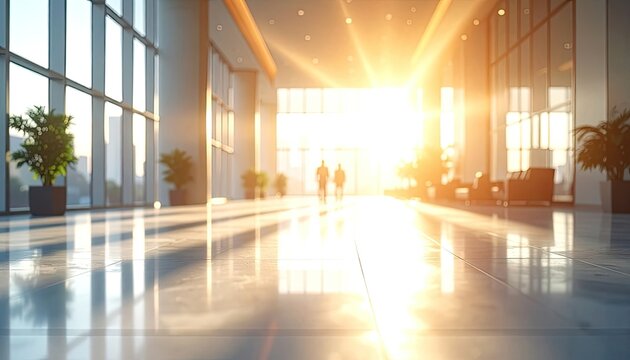 Brightly lit modern office lobby with sun flare and reflections