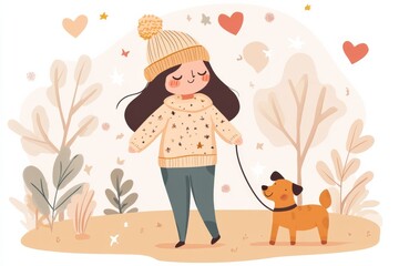 selective focus loving cartoon girl enjoying playful moments with her dog surrounded by pastel trees
