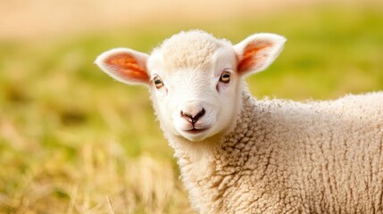 Obraz premium A Curious Lamb in the Field: A charming close-up of a young lamb, with its innocent gaze, evokes a sense of peace and the beauty of rural life.