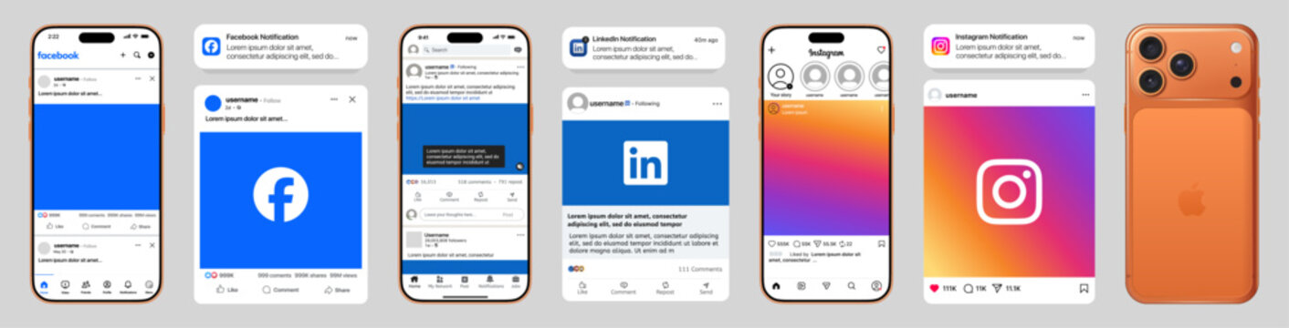 Facebook LinkedIn and Instagram Social Media App Notification and Feed UI Mockup. Facebook LinkedIn Instagram Mobile Interface Design Template for Social Media Apps