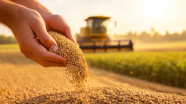 Grain Abundance: Human hand full of harvested grain over fertile field, combine harvester working in background under warm sunlight, evokes the essence of farming
