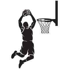 A silhouette of a basketball player performing a slam dunk with a hoop and net in black and white minimalist vector icon © Iqbal