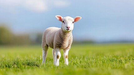 Naklejka premium Adorable Lamb in the Meadow: A charming lamb stands gracefully in a vibrant green field, bathed in the soft glow of natural light, embodying innocence and tranquility.