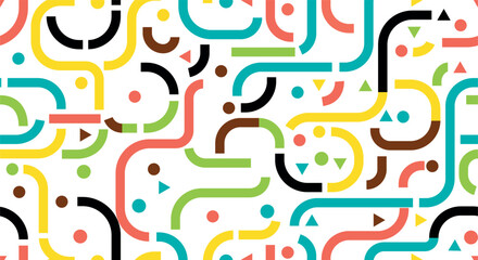 Abstract pattern of colorful curved lines and geometric shapes.