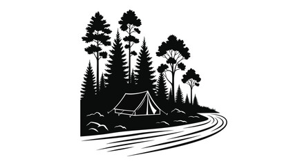 Camping scene with a tent and trees in a dark silhouette © MdGolam