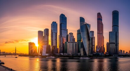 Fototapeta premium City skyline panorama at sunset with modern skyscrapers and river