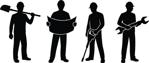 Construction worker silhouettes with shovel blueprint jackhammer wrench tools, builder engineer industrial workforce isolated black silhouette set concept © MstNilufar