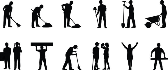 Construction worker silhouettes with shovel rake wheelbarrow tools, builder laborer working set industrial construction workforce isolated black silhouette © MstNilufar